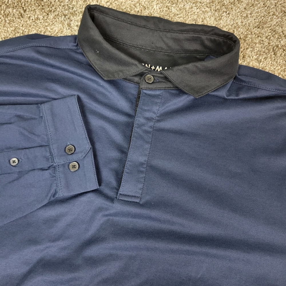 Mizzen + Main Trim Mens XL Solid Navy Performance Stretch Polo LS Button Cuff